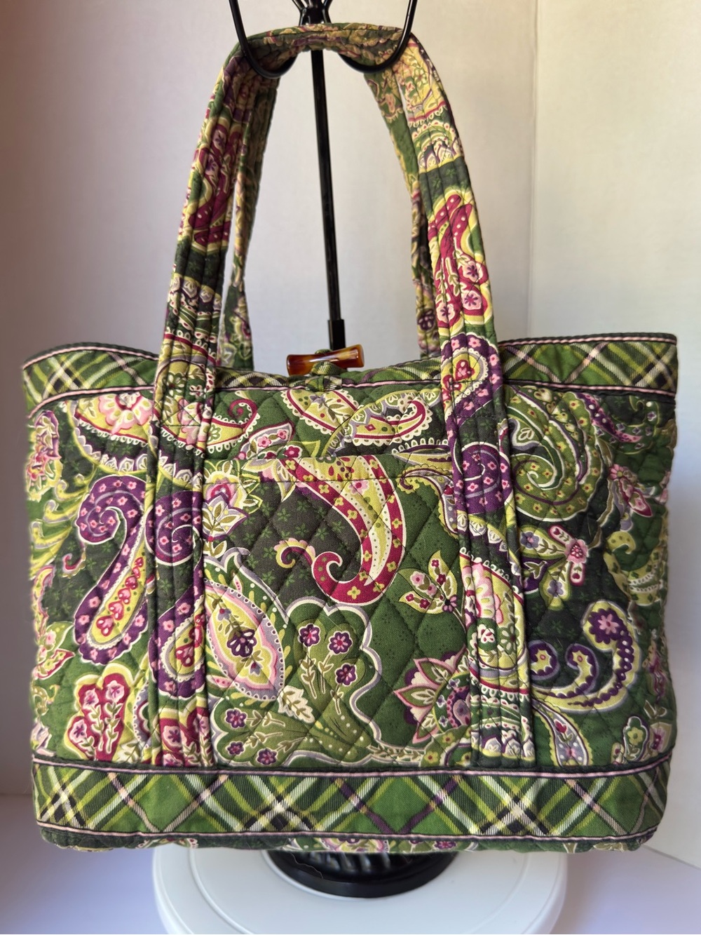 Vera Bradley Olive Green Paisley Quilted Tote with Purple Accents